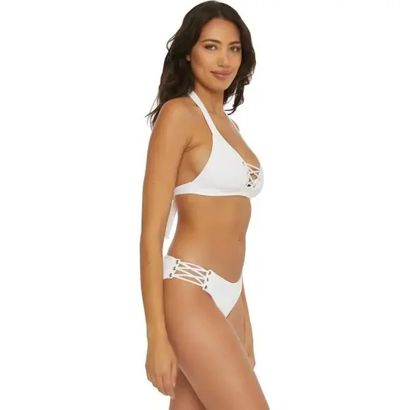Becca Ribbed Daniella Corset Side Hipster Bikini Bottom Size Medium White NWT - Picture 3 of 7